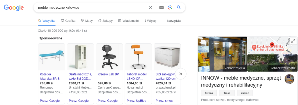 Wyniki wyszukiwania w Google dla mebli medycznych w Katowicach