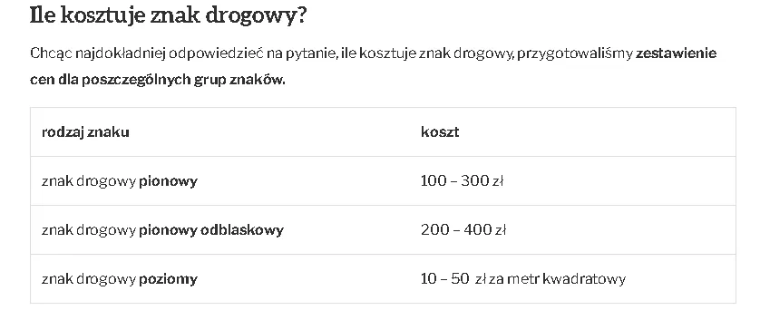 tabela ile kosztuje znak drogowy