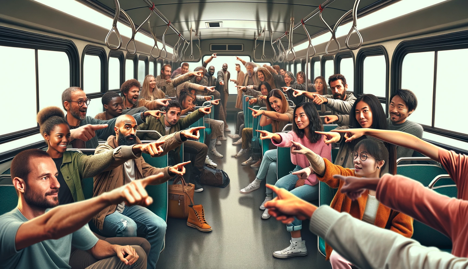 linkowanie wewnętrzne - ludzie wskazujący na siebie w autobusie