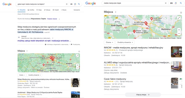 Wyniki wyszukiwania Google po wpisaniu frazy "meble medyczne śląsk"