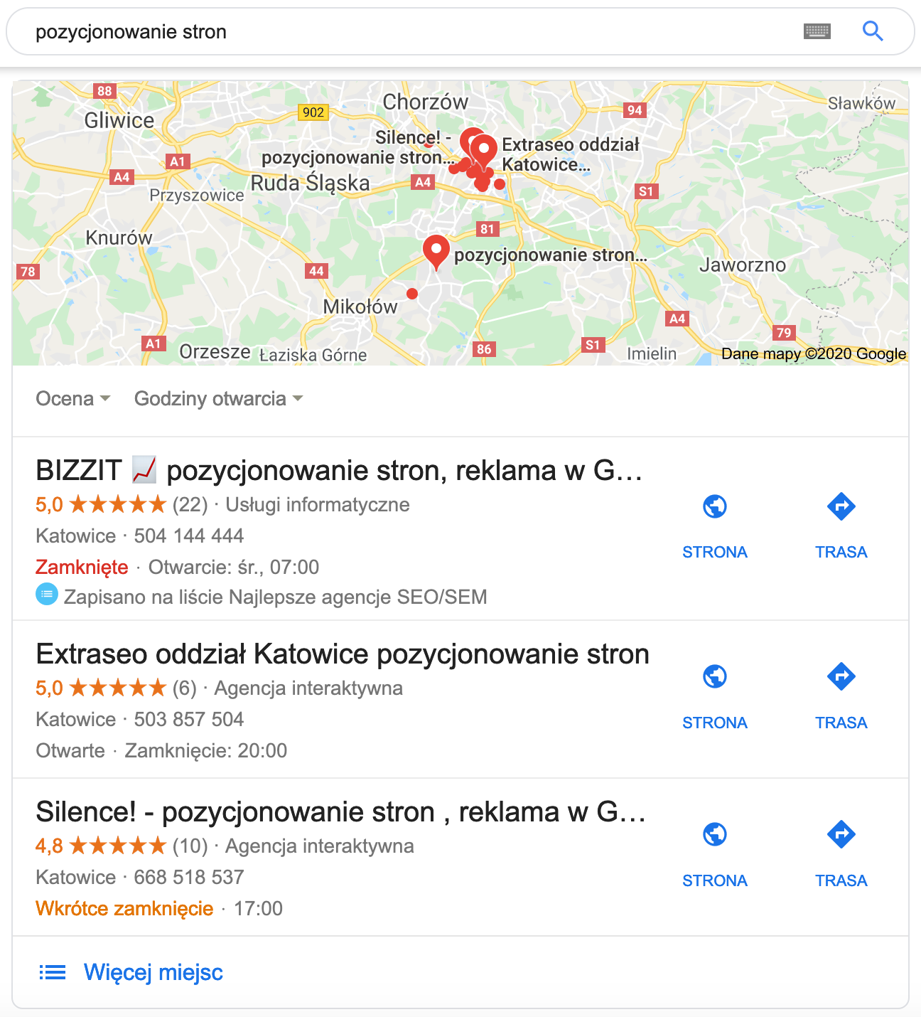 wyniki lokalne w Katowicach na google mapach na frazę: pozycjonowanie stron