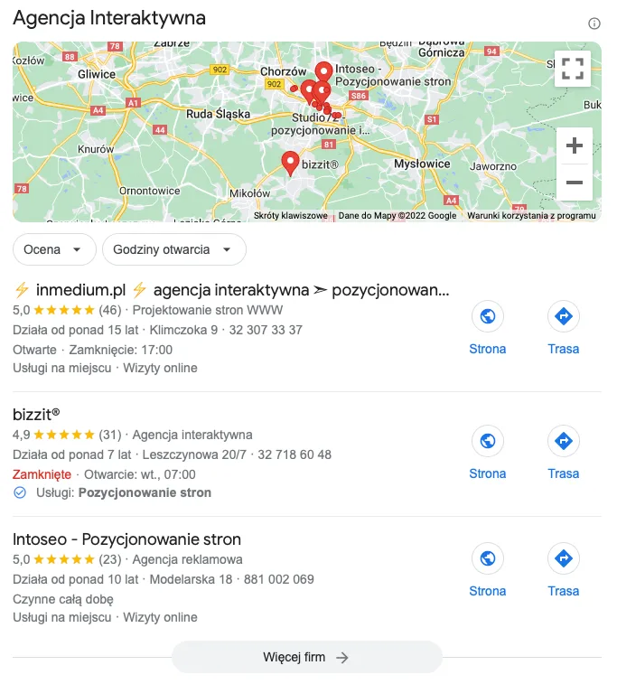 wyniki rozszerzone Google Mapka dla frazy lokalnej